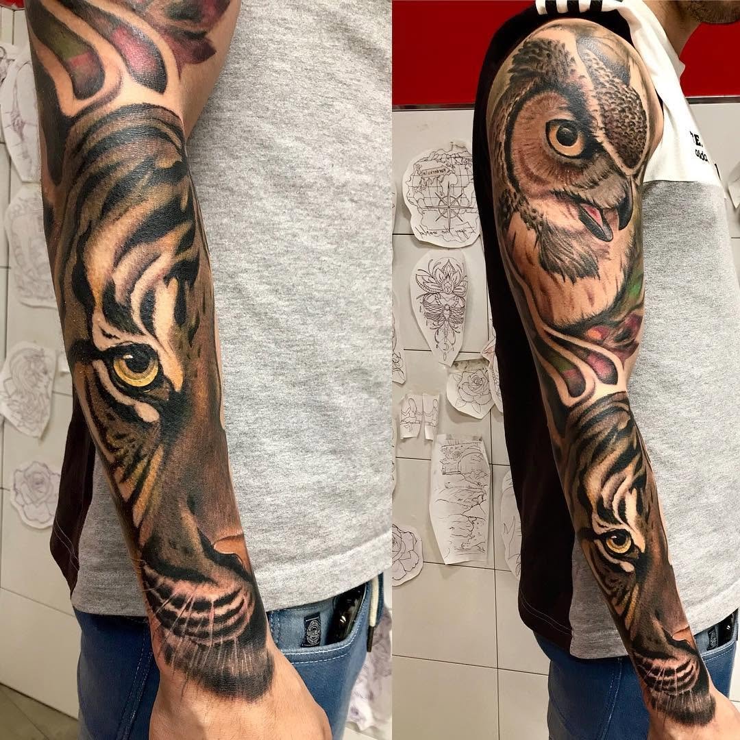 Animales, Tigre y búho. animalstigerowl sleevetattoo ed colortattoo realism realistictattoo tatinstatattoo picoftheday cooltattoos martink_tattoo doshermanastattoo doshermanastattoo oistsskintintaspaintattooartist tbtsvq