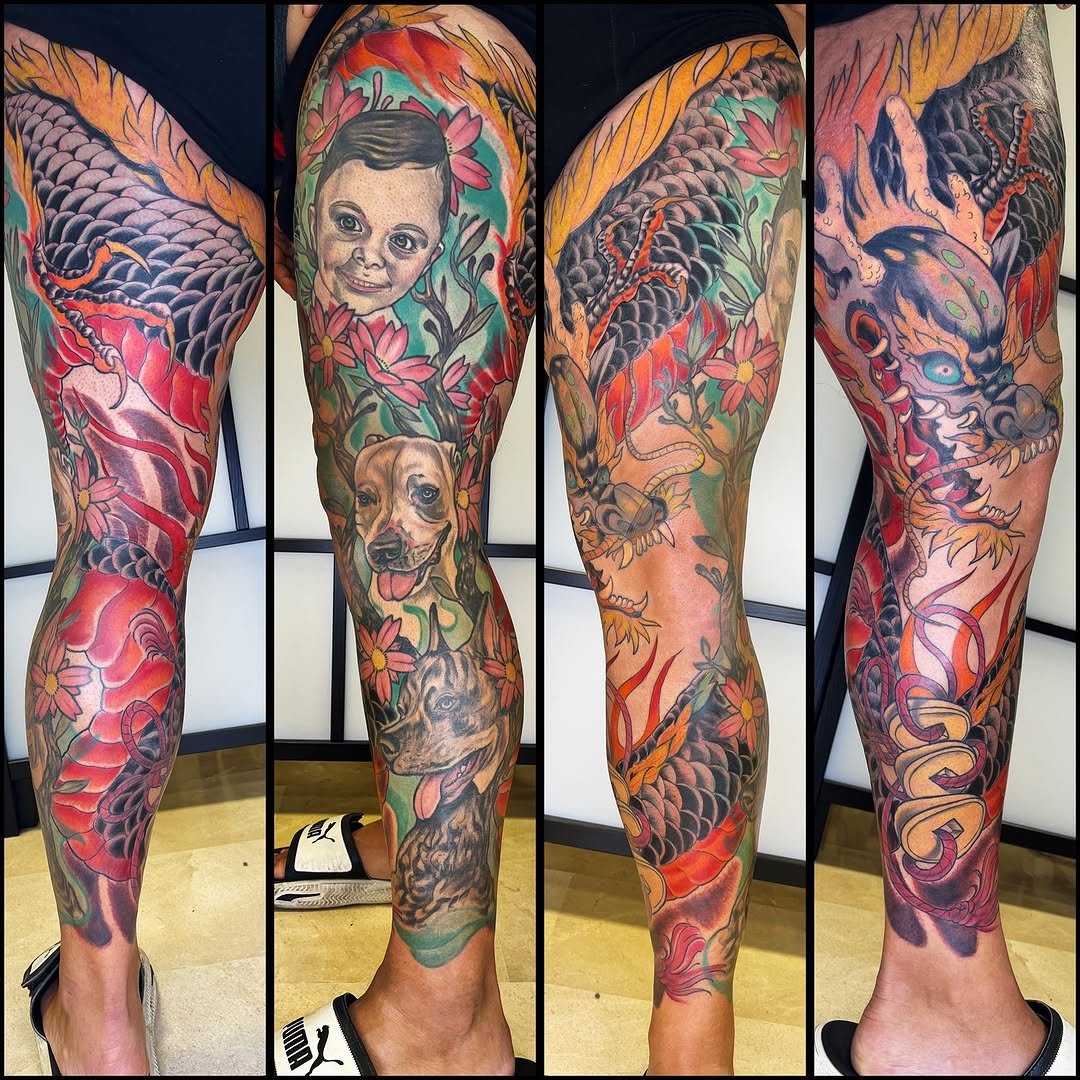 Tatuaje profesional en estudio MartinK Tattoo que fusiona familia, mitología china y dragón