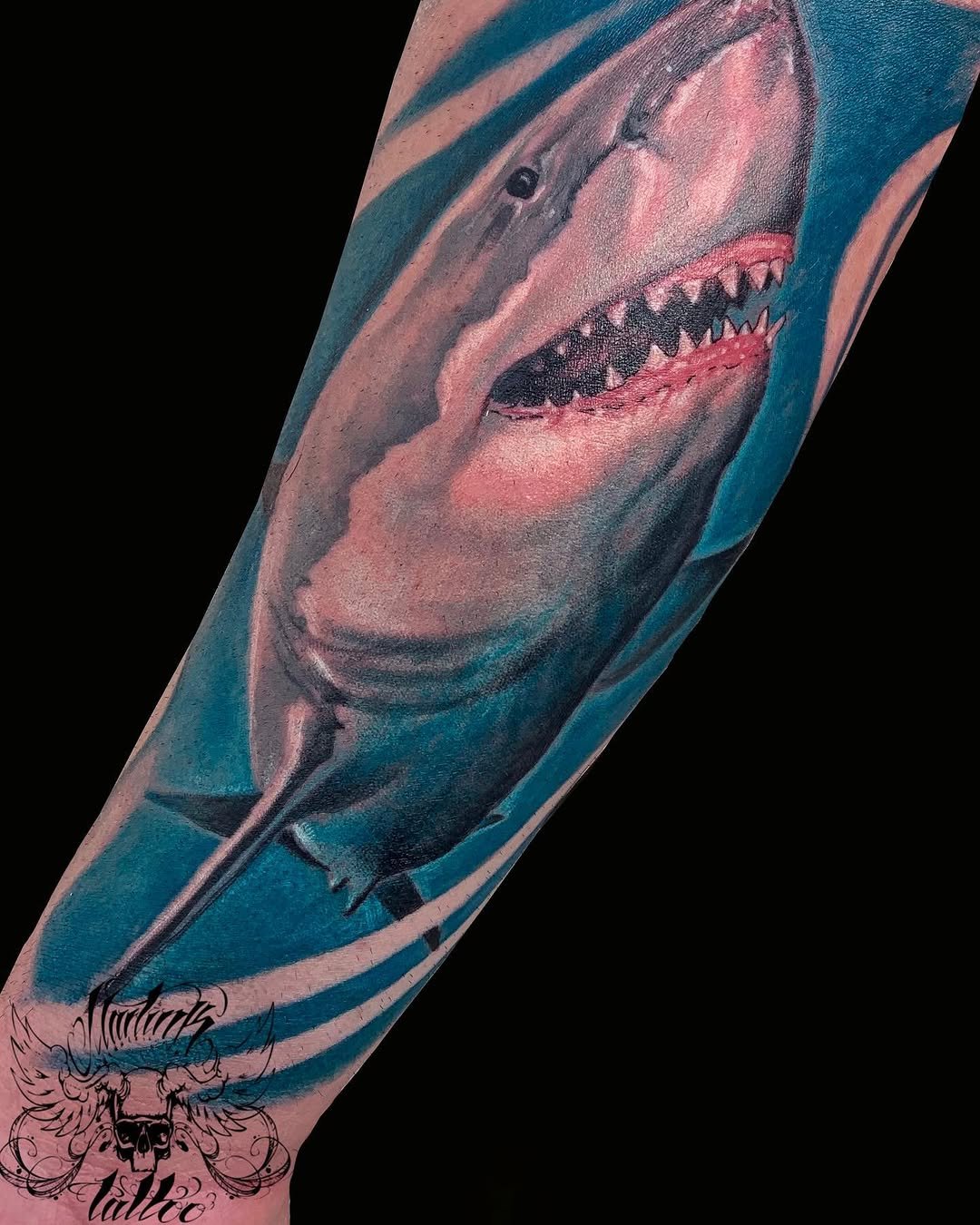 Tatuaje profesional en estudio MartinK Tattoo de un tiburón